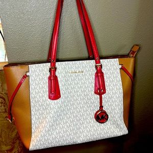 MK - Michael Kors tote. Red & tan, with gold accents.